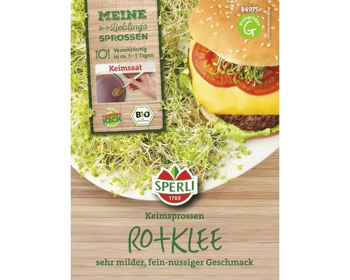 Sperli Rotklee Keimsprossen Packung mit Serviervorschlag Burger