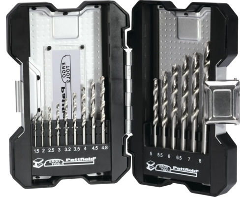 Bohrerset mit verschiedenen Bohrern in einem schwarzen Koffer