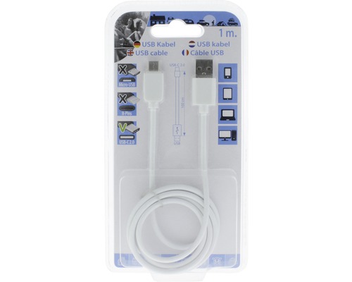 Weißes USB-Kabel, ein Meter lang, in Verpackung
