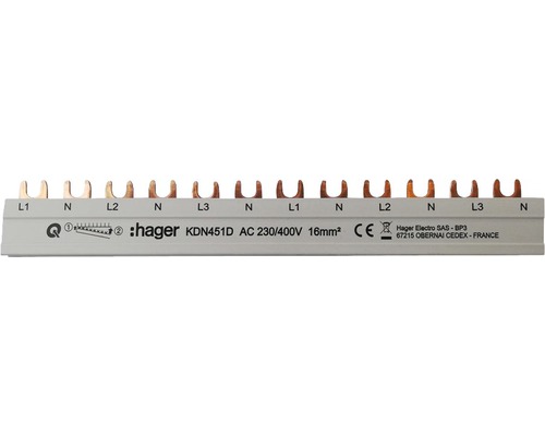 Hager KDN451D Phasenschiene 3-polig + N mit Gabelanschluss 16mm² 80A 12 Module Hager Sammelschiene KDN451D AC 230/400V 16mm²