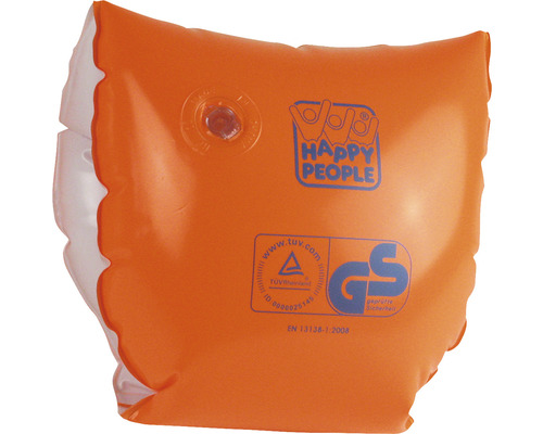 Orangefarbene aufblasbare Schwimmflügel für Kinder mit Happy People Logo und TÜV Siegel