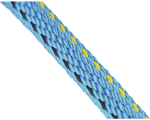Nahaufnahme eines blauen Seils mit schwarzen und gelben Akzenten