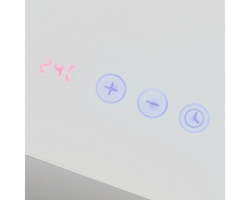 Nahaufnahme der Bedienelemente eines Spiegels mit Temperaturanzeige, Plus-Minus-Symbol und Uhrsymbol