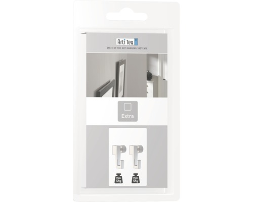 Arti Teq Logo. Verpackung mit zwei Bilderhaken zur Befestigung von Bildern bis maximal 4 kg.