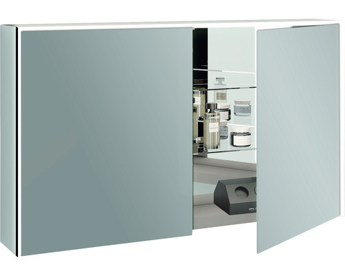 Spiegelschrank mit offenen Türen und Regalen zur Aufbewahrung von Kosmetikprodukten