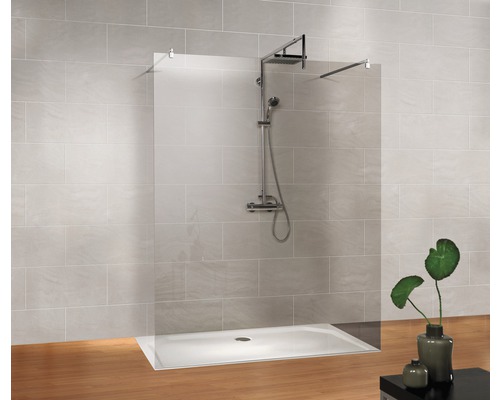 Walk In Duschwand M8 Schulte MasterClass Breite 120 cm Klarglas Profilfarbe chrom Begehbare Dusche mit Duschwanne und Duschsystem im Badezimmer