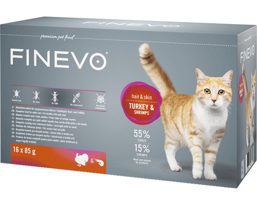 Katzenfutter nass FINEVO Hair&Skin Truthahn mit Shrimps 16x85 g Katzenfutter nass FINEVO Hair&Skin Truthahn mit Shrimps 16x85 g
