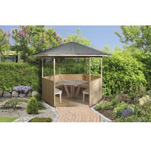 Holzpavillon mit Tisch und Bänken im Garten