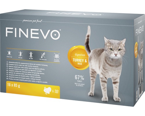 Katzenfutter nass FINEVO Digestion Pute und Reis 16x85 g