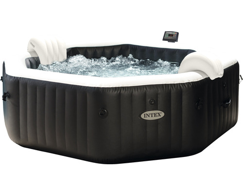 Aufblasbarer Whirlpool Intex Pure Spa Octagon Bubble Jet 128462 mit integriertem Kalkschutz- und Salzwassersystem, 6 Hochleistungs-Jetdüsen, Thermo-Bodenschutzplane, Thermoabdeckung, 2 aufblasbare Kopfkissen schwarz