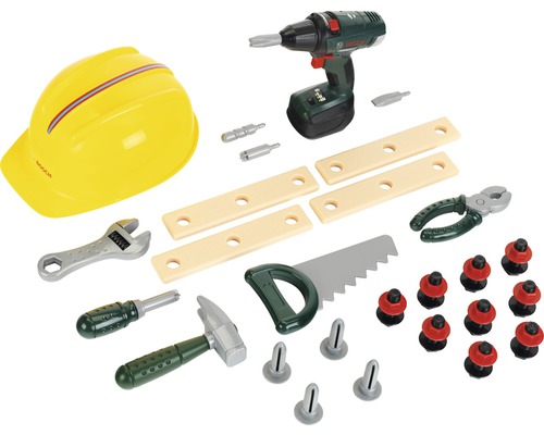 Bosch Werkzeugkoffer Spielzeug mit Schraubendreher, Hammer, Säge, Schraubenschlüssel, Zange, Schrauben und Helm