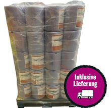 Palette mit Rollen von Textiltüchern, verpackt in Folie