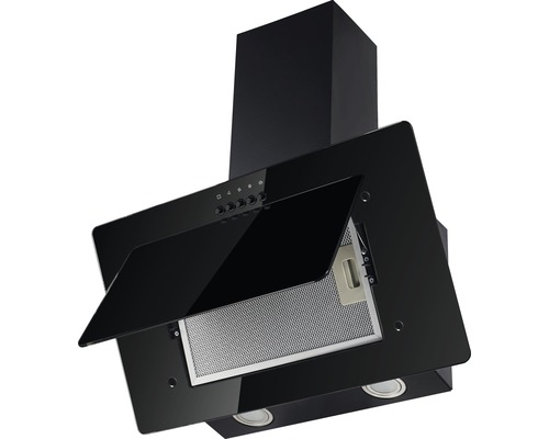 Schwarze Dunstabzugshaube mit geöffneter Frontklappe und Metallfilter