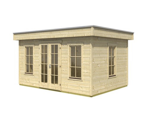 Gartenhaus aus Holz mit Fenstern und Doppeltür