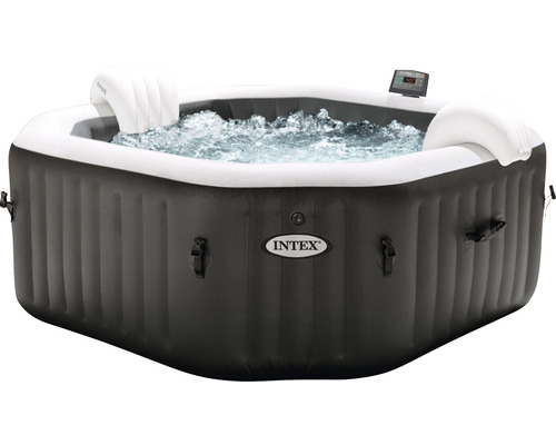 Aufblasbarer Whirlpool Intex Pure Spa 79 Octagon Bubble Jet 128458 mit integriertem Kalkschutz- und Salzwassersystem, 4 Hochleistungs-Jetdüsen, Thermo-Bodenschutzplane, Thermoabdeckung, 2 aufblasbare Kopfkissen schwarz