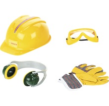 Gelber Schutzhelm, Schutzbrille, Gehörschutz und Arbeitshandschuhe als Teil eines Spielsets