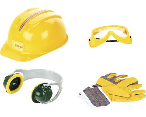 Gelber Schutzhelm, Schutzbrille, Gehörschutz und Arbeitshandschuhe als Teil eines Spielsets