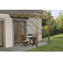 Anbaupavillon aus Holz mit Gartenmöbeln auf einer Terrasse