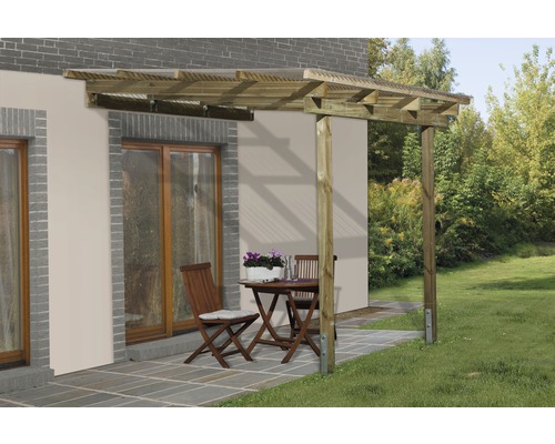 Terrassenüberdachung weka Lucarno Gr. A 300x250 cm tauchimprägniert Anbaupavillon aus Holz mit Gartenmöbeln auf einer Terrasse