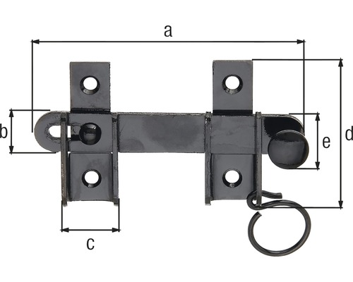 Technische Zeichnung eines schwarzen Schubriegels mit Maßangaben