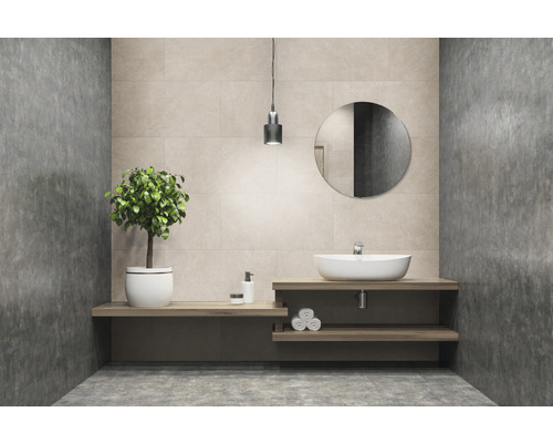 Kunststoffpaneel GX Wall+ Cream Slate 900 x 450 x 5 mm Helles Badezimmer mit Waschbecken, Spiegel und Pflanze