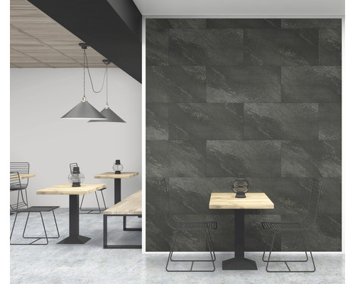 Kunststoffpaneel GX Wall+ Dark Stone 900 x 450 x 5 mm Innenraum mit Esstischen und Wandfliesen