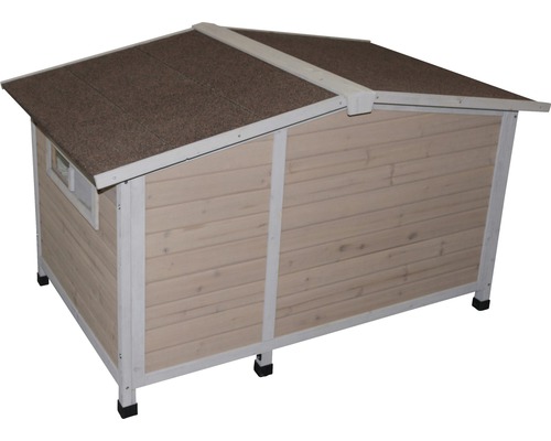 Hundehütte aus Holz mit Bitumendach und kleinem Fenster