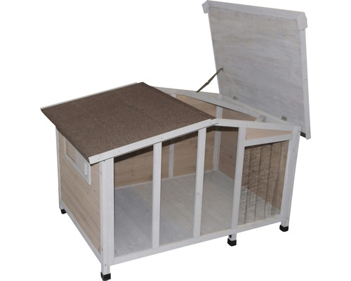 Geöffnetes Hundehaus aus Holz