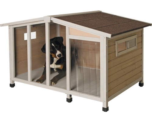 Hundehütte aus Holz mit Vorhang und Hund