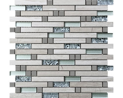 Natursteinmosaik Stein/Stahl/Holz 30 x 29,8 cm 8 mm Mosaikfliese aus Naturstein, Glas und Keramik