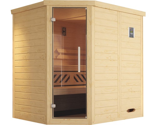 Ecksauna mit Glastür und Holzverkleidung