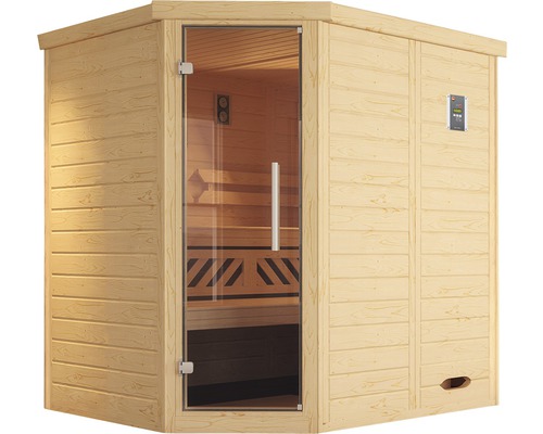 Sauna aus Holz mit Glastür und digitalem Bedienfeld
