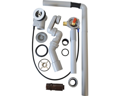 Badewannenablaufgarnitur mit verschiedenen Rohren und Dichtungen.