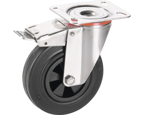 Tarrox Lenkrolle V2A 80x30 mm mit Vollgummireifen bis 40 kg, Plattengröße 100x85 mm Lenkrolle mit Feststeller und Anschraubplatte