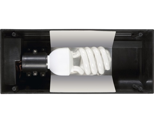 Energiesparlampe in einer schwarzen Außenleuchte