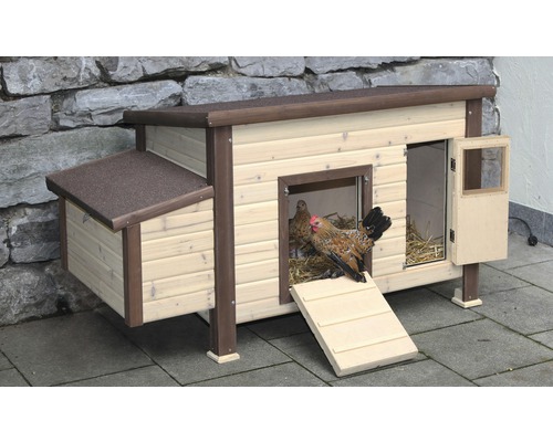 Hühnerstall KERBL NoFrost Thermo beheizbar 146x74x82 cm lasiert Hühnerstall aus Holz mit Hühnern