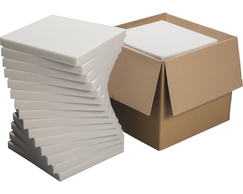 Profipack Schaumstoffplatten Softpur 40x40x4 cm 15 Stk. Schaumstoffplattenstapel neben einem offenen Karton