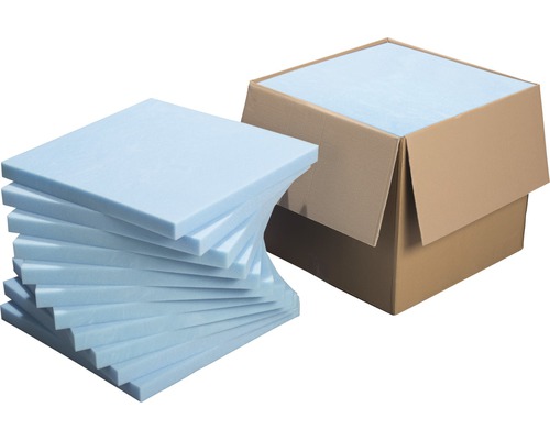 Profipack Schaumstoffplatte Isopur 50x50x4 cm 11 Stk. Stapel blaue Dämmplatten neben einem offenen Karton