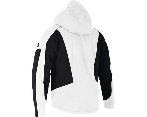 Rückansicht einer Jacke mit Kapuze und einem Muster in Schwarz und Weiß