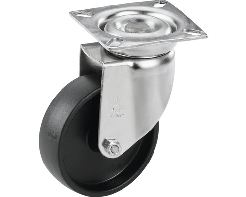 Tarrox Edelstahl Apparate Lenkrolle bis 60 kg, 75x25 mm, Plattengröße 60x60 mm Lenkrolle mit schwarzem Rad und Befestigungsplatte