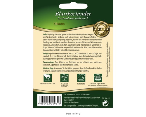Saatguttüte Blattkoriander mit Informationen zu Aussaat, Keimung, Standort und Ernte