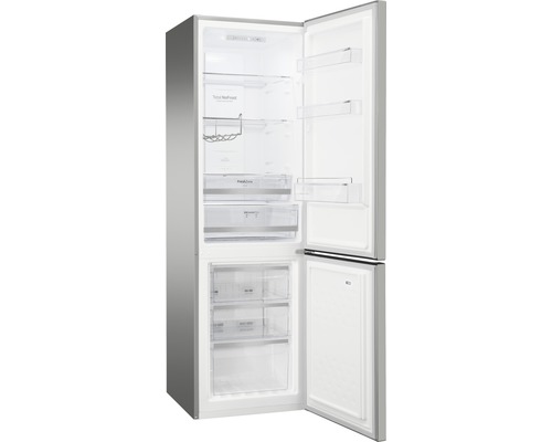 Geöffneter Kühlschrank mit Gefrierfach und mehreren Ablagefächern