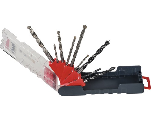 Bohrer Set mit verschiedenen Bohrertypen in einer transparenten Aufbewahrungsbox