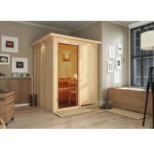 Plug & Play Sauna Karibu Achat I inkl. 3,6 kW Ofen u.integr.Steuerung und Dachkranz mit bronzierter Ganzglastüre