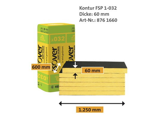 Isover Kontur FSP 1-032 Dämmstoff mit den Maßen 60 mm Dicke, 600 mm Breite und 1250 mm Länge.