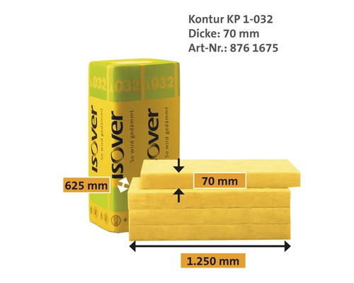 Isover Kontur KP 1-032 Dämmstoffplatte, 70 mm dick, 625 mm breit und 1250 mm lang