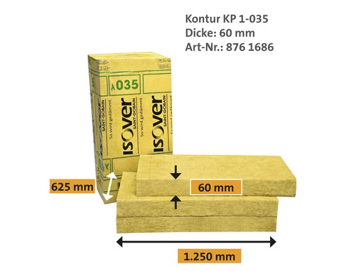 Isover Dämmstoff Kontur KP 1-035, 60 mm dick, mit Verpackung und Maßangaben