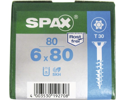 Spax Universalschraube T-STAR plus Senkkopf TX Teilgewinde 6x80 mm Edelstahl A2 80 Stück SPAX Schraubenpackung 6 x 80 Millimeter