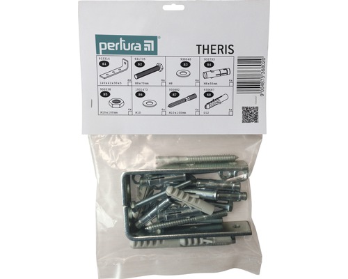 Perlura Theris Sortiment in transparenter Verpackung mit Winkeln, Schrauben, Muttern und Dübeln
