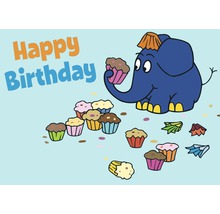 Illustrierte Geburtstagskarte mit Elefant und Muffins